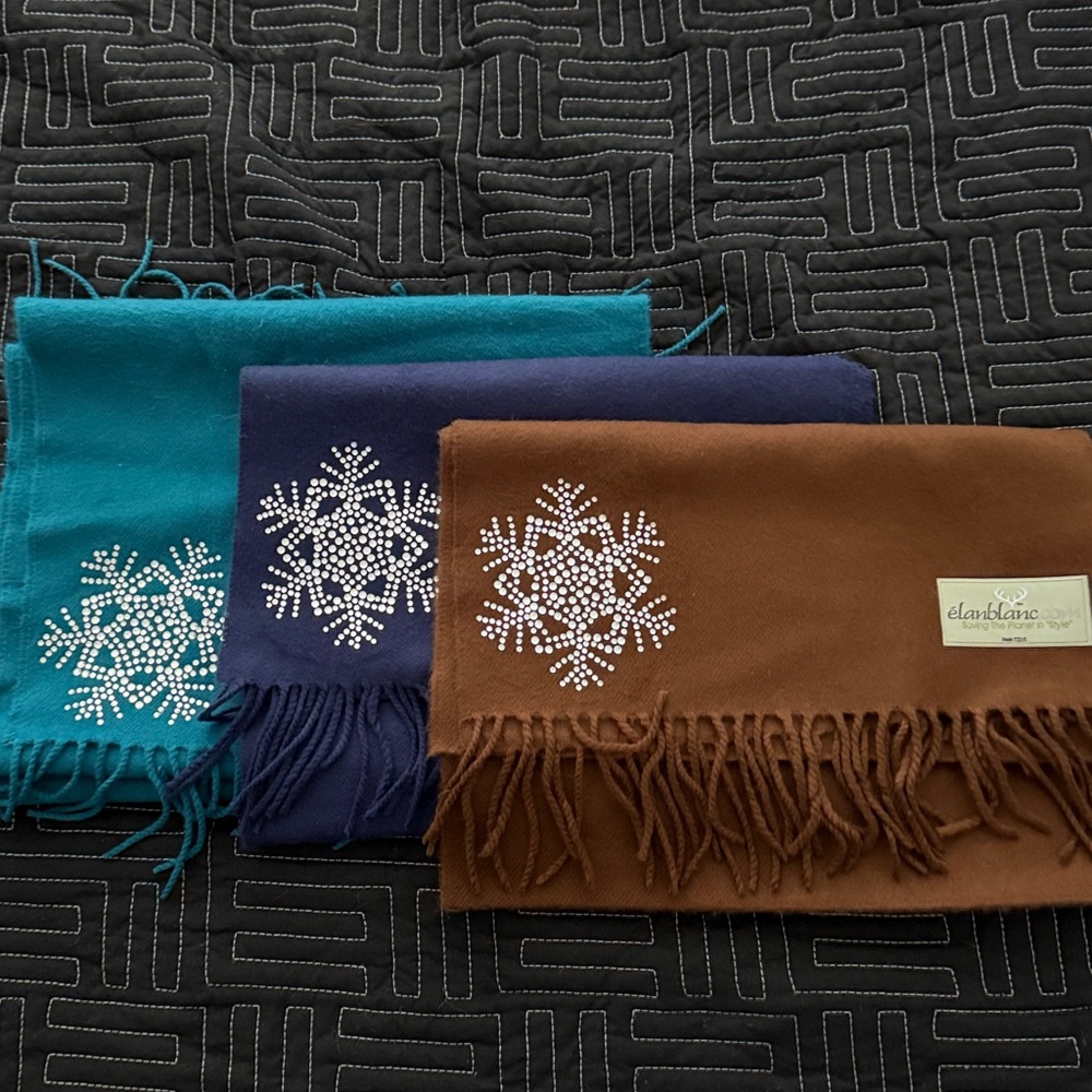 Élanblanc Crystal Snowflake Fringed Scarf Set of 3 - Blues/Brown